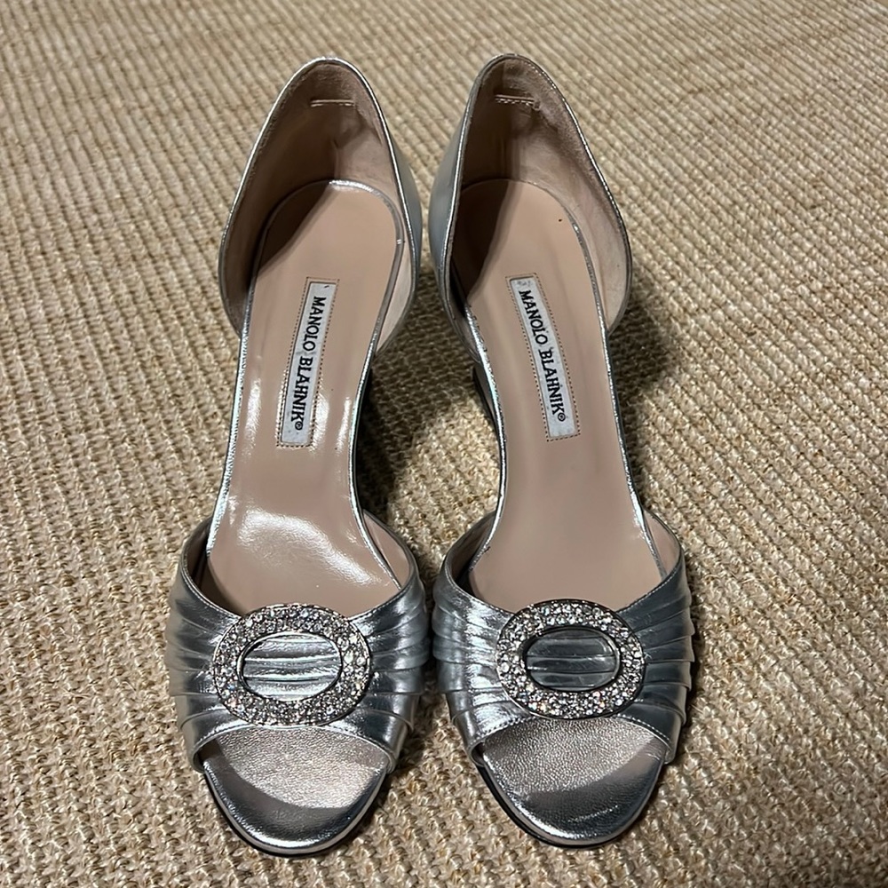 NEW Manolo Blahnik Metallic Lambskin Crystal D'Orsay Wedge - 38 1/2